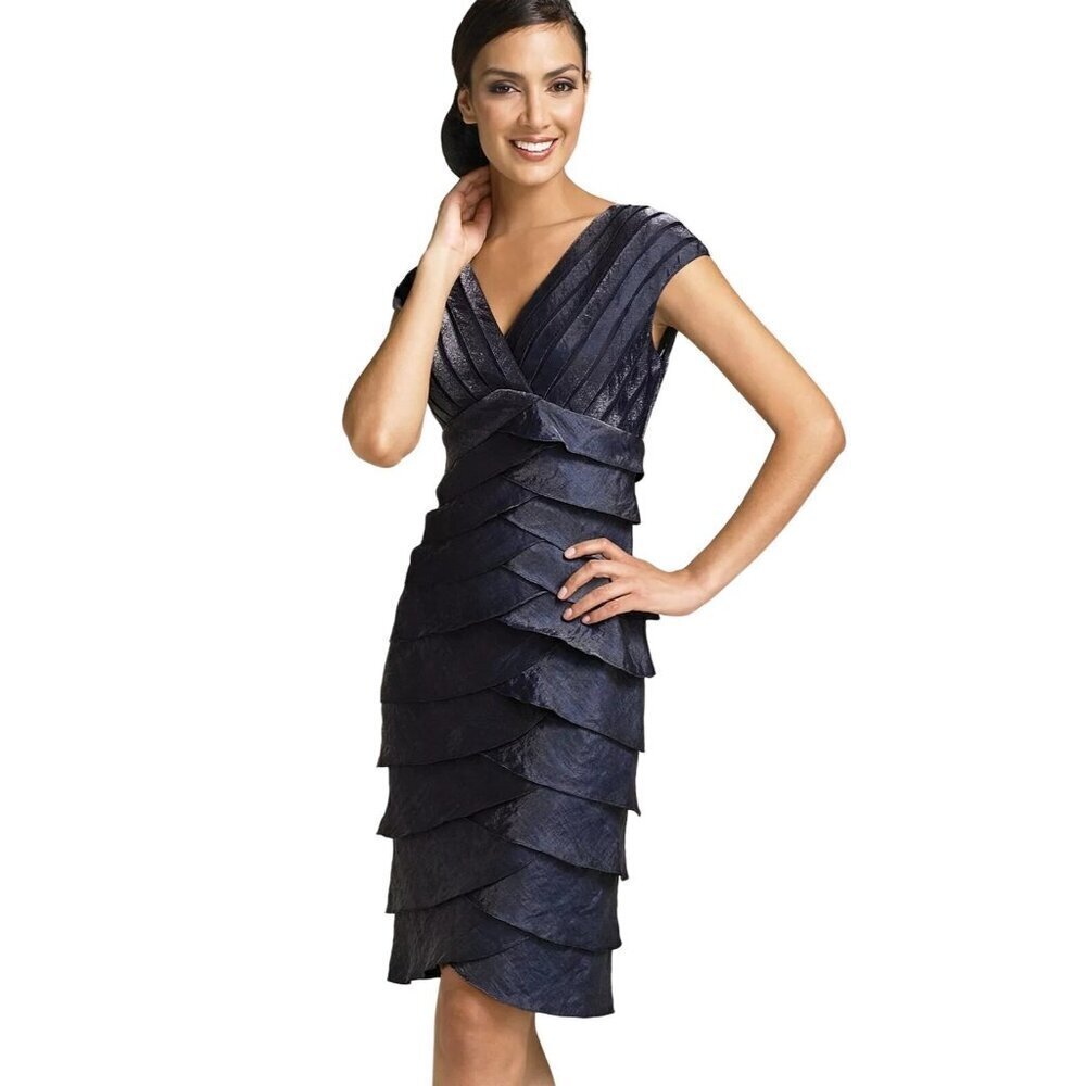 Adrianna Papell Blue Ruffle Shutter Pleat Shimmery Cap Sleeve Dress Womens 4